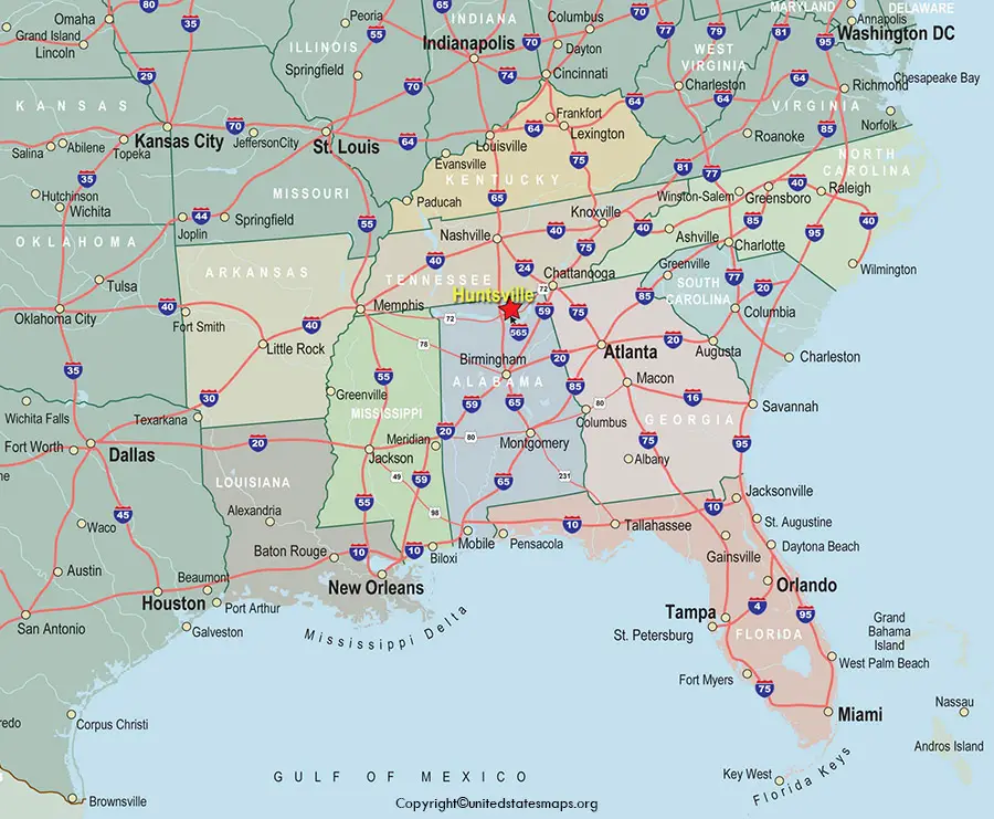Printable map of Southeast US