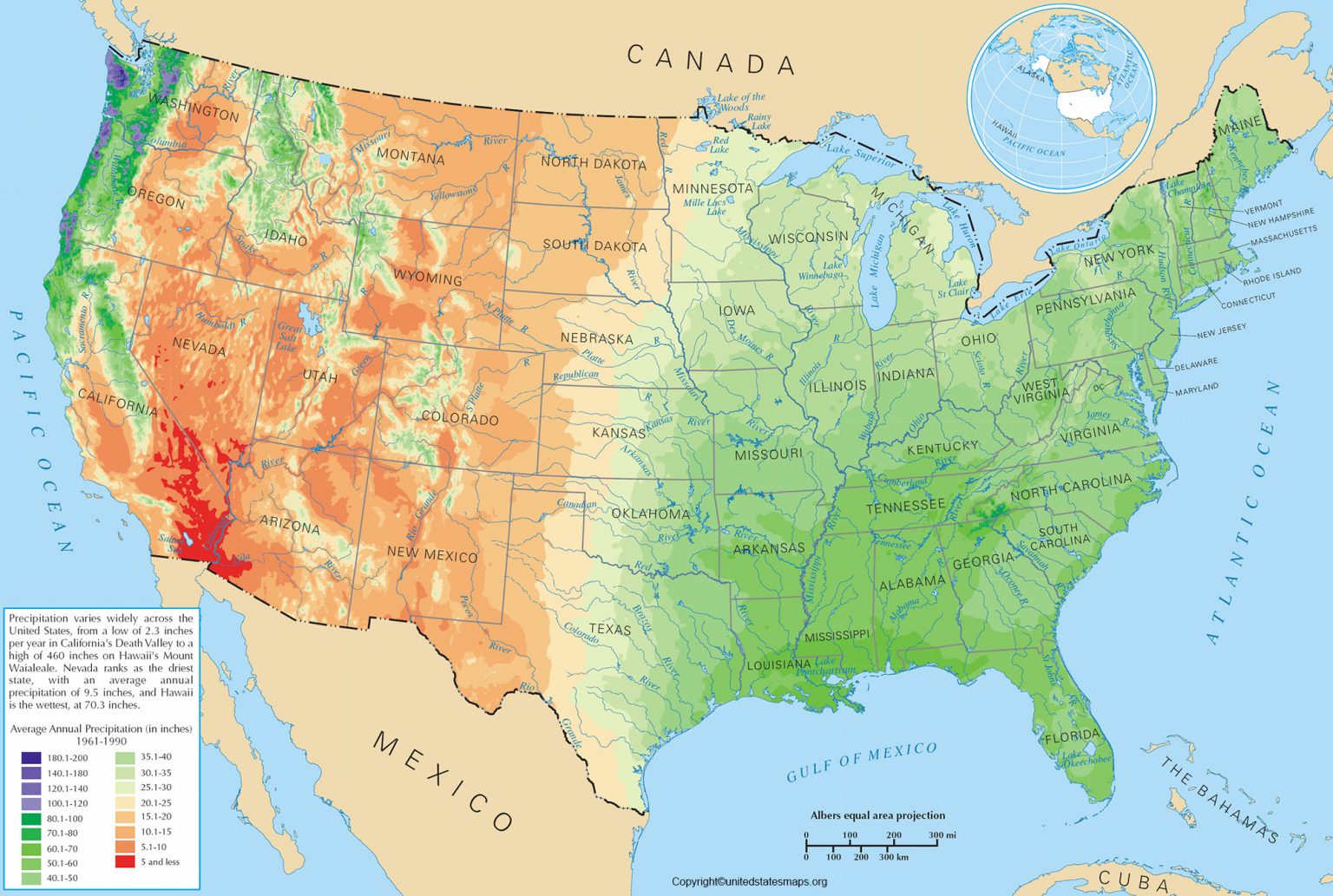 US Rainfall Map | Annual Rainfall Map of USA Printable