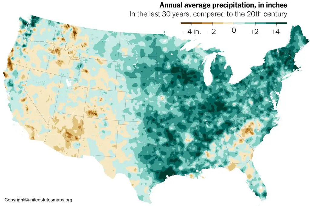 US Rainfall Map | Annual Rainfall Map of USA Printable