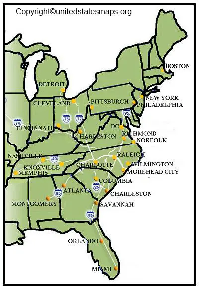 Map of Eastern USA with States and Cities