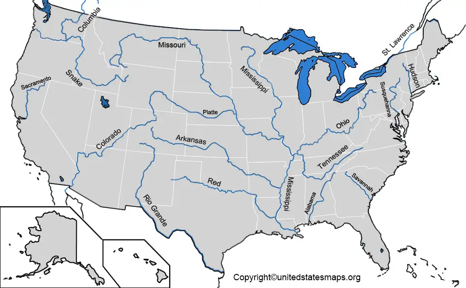 Map of USA with Rivers and States