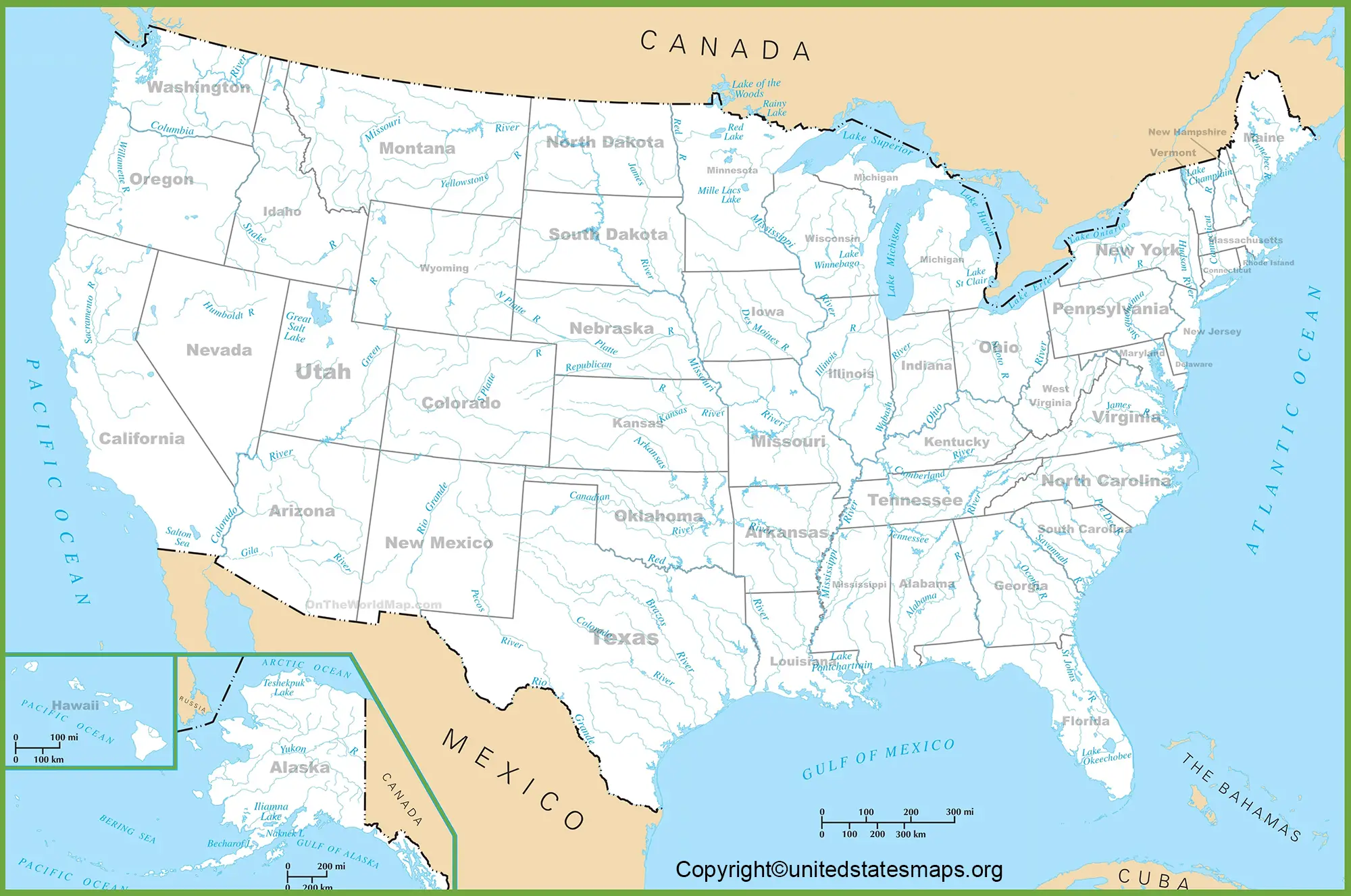 Map of USA with Rivers and States