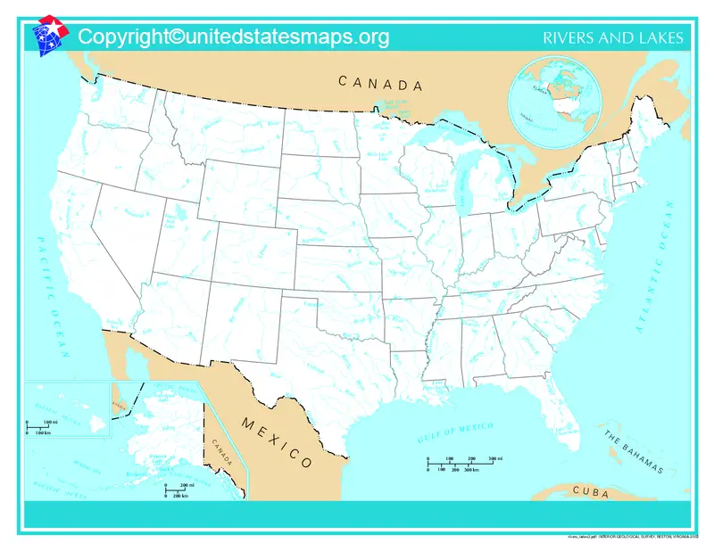 Blank Map of USA with Rivers and Mountains