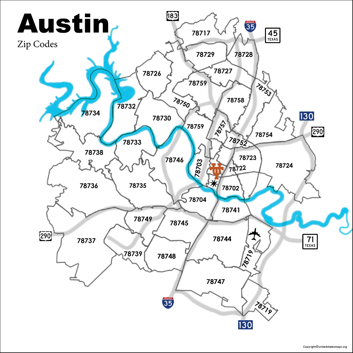 Central Austin Zip Codes Map   Austin Zip Code Map 