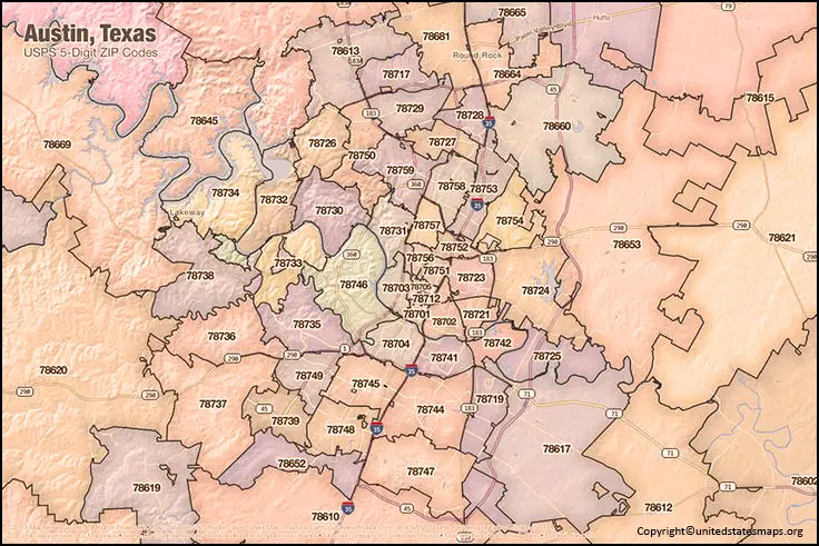 Zip Code Map for Austin Texas