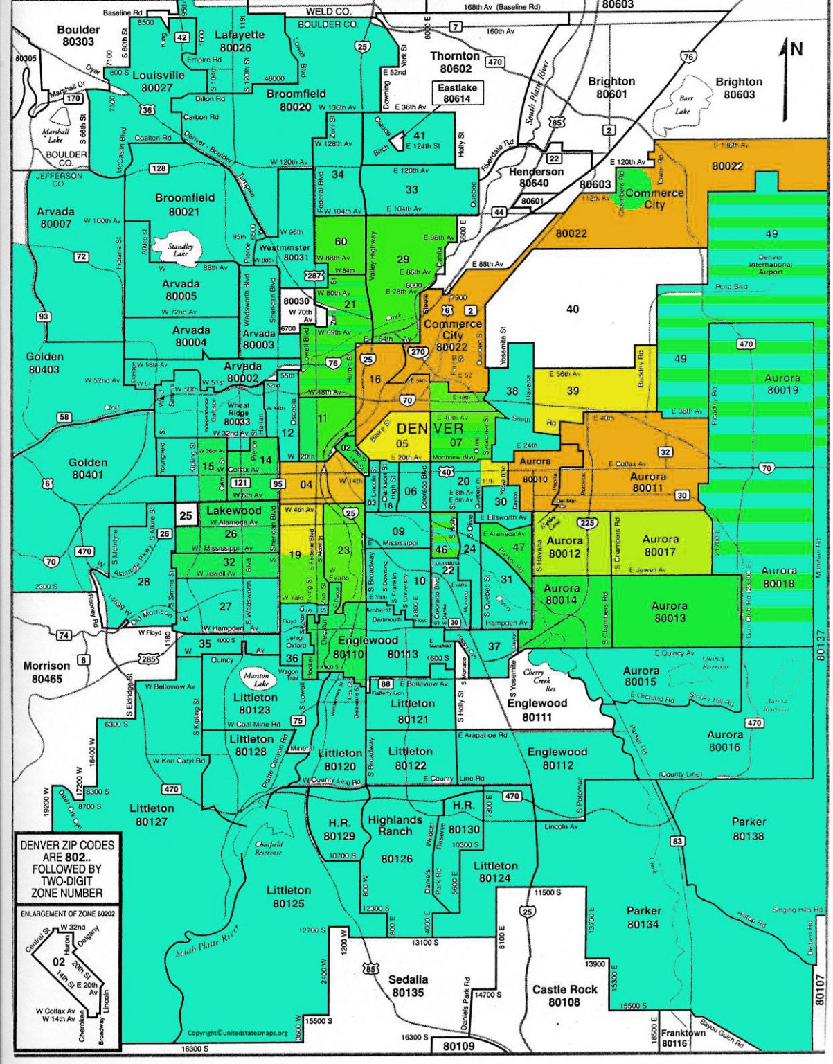 Denver Zip Code Map With Surrounding Areas (Printable)