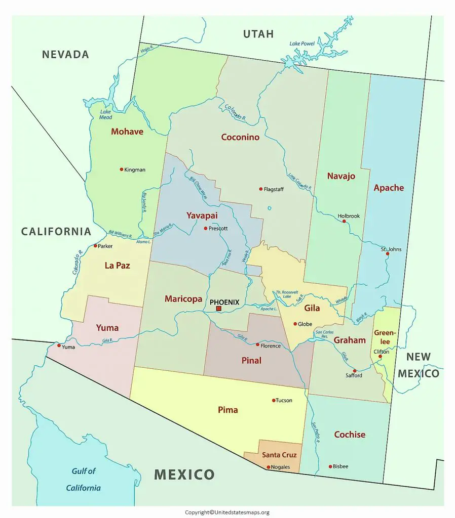 Labeled Arizona Map With Capital And Cities in Pdf