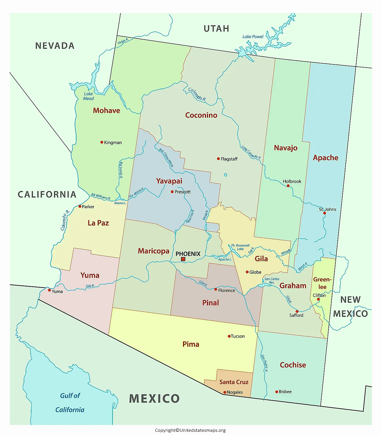 Arizona Map with Cities Labeled