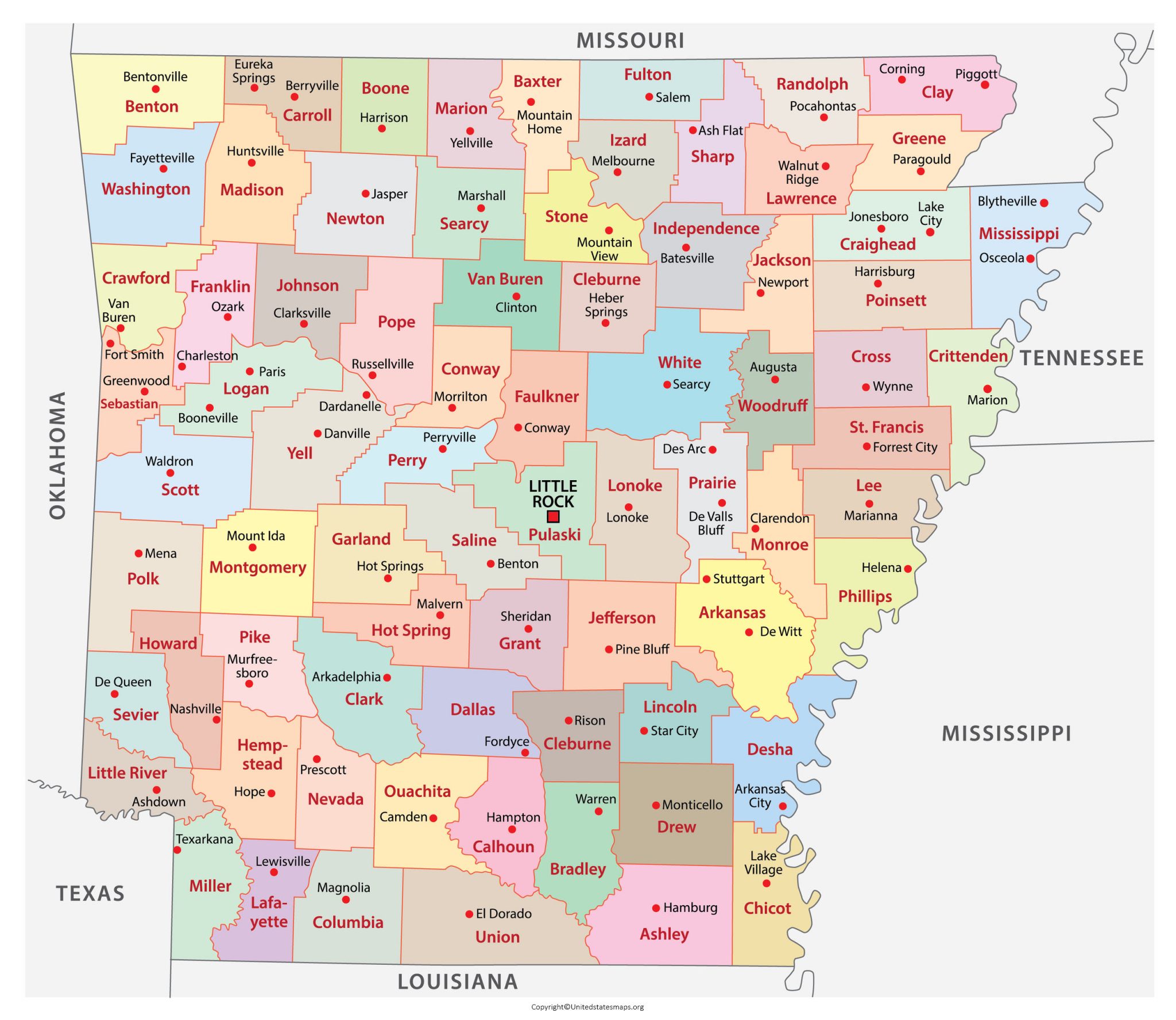 Labeled Arkansas Map With Capital And Cities in Pdf