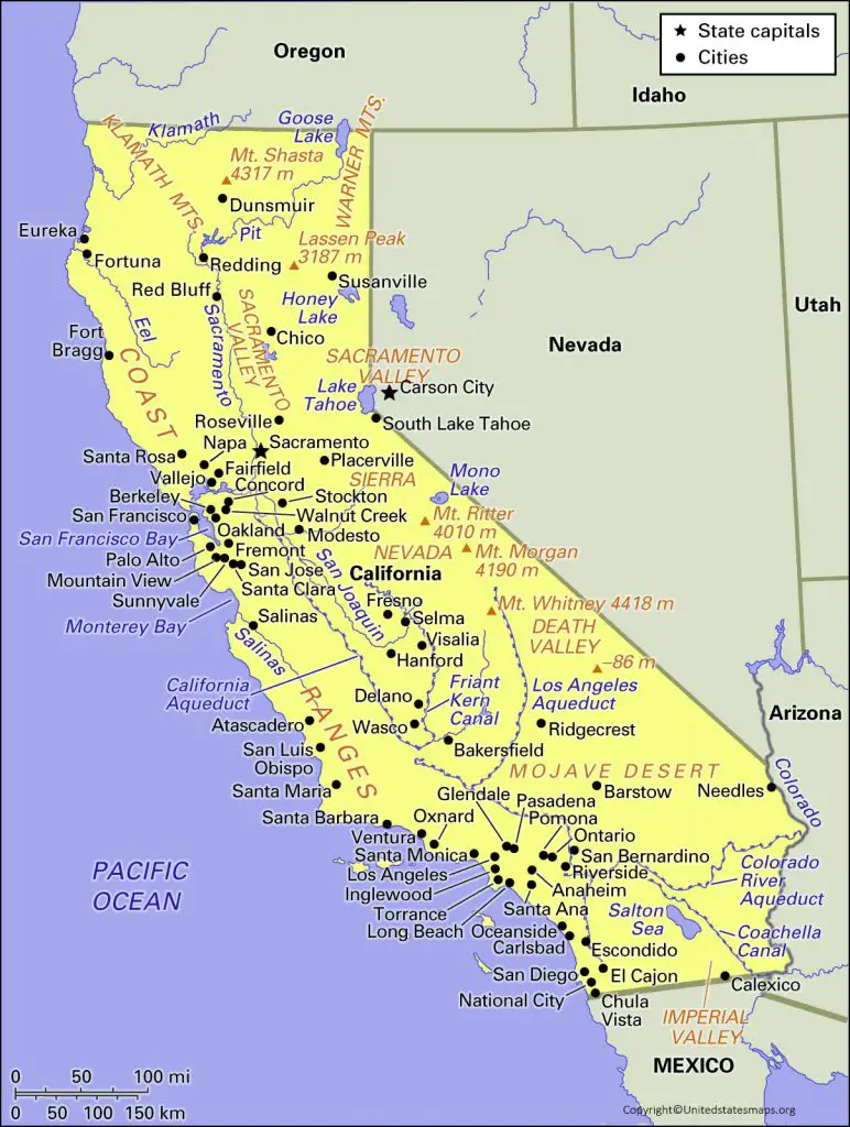 Labeled California Map With Capital And Cities in Pdf