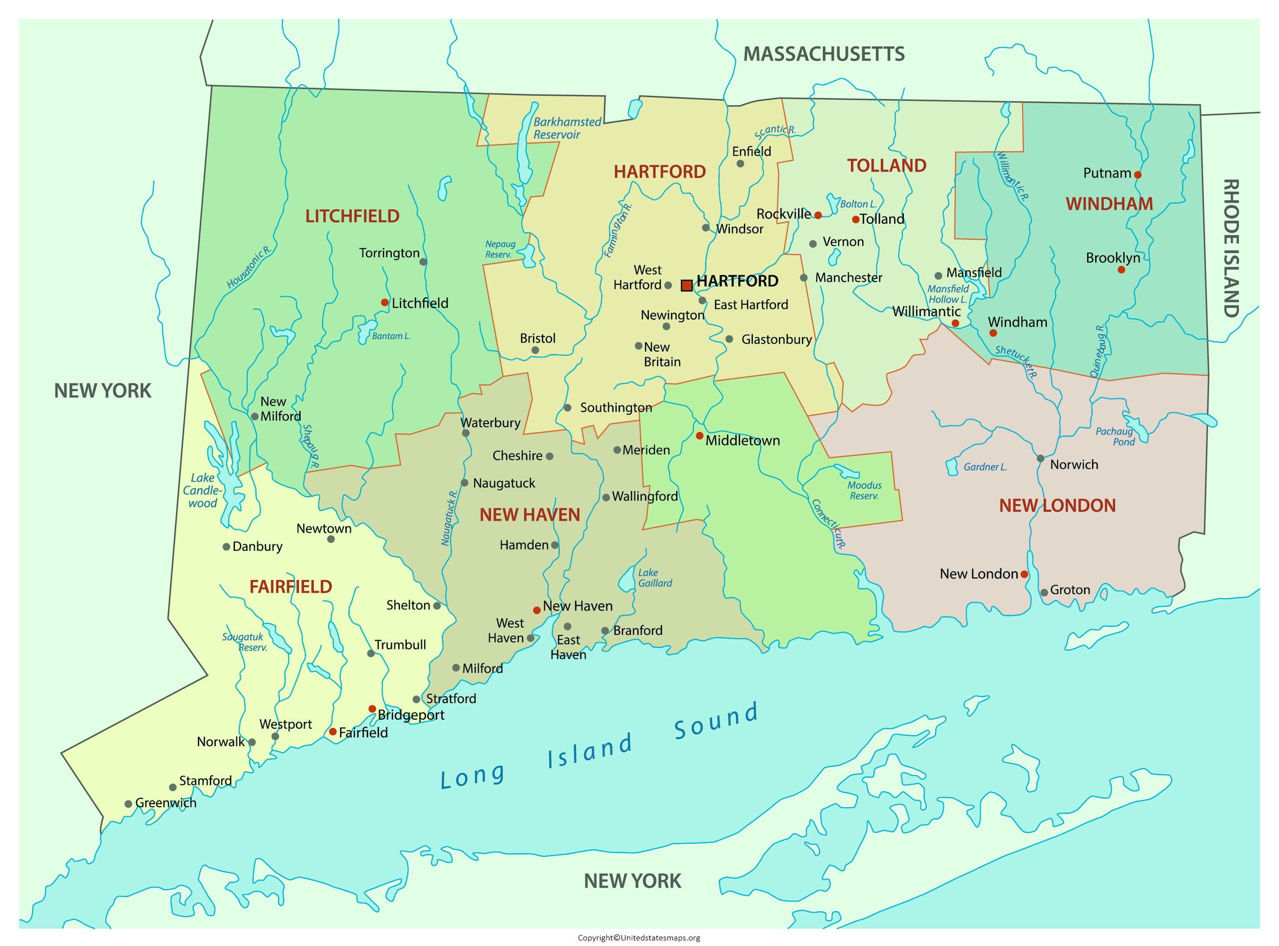 Labeled Connecticut Map With Capital And Cities in Pdf