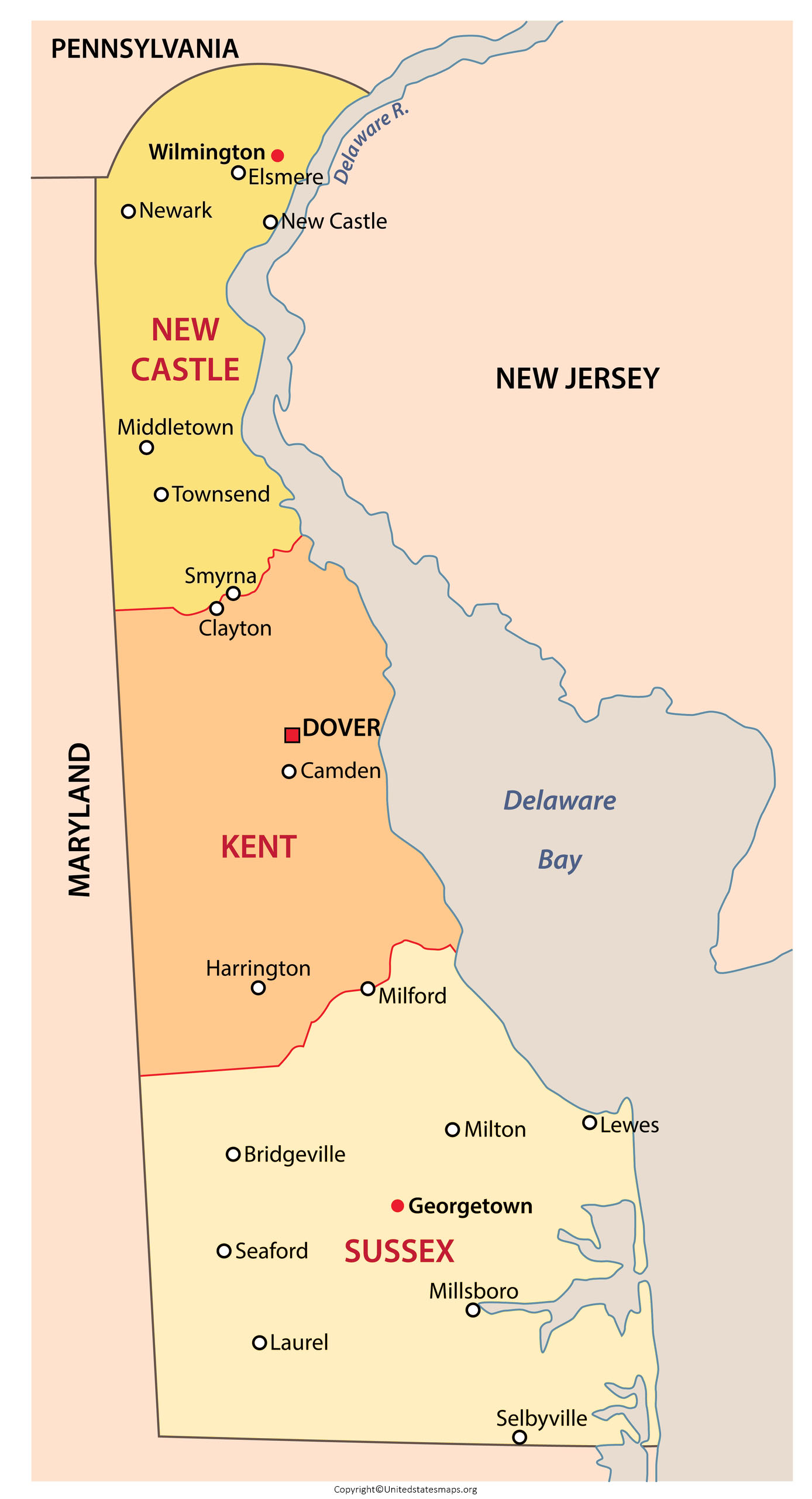 Delaware Map With Cities Labeled