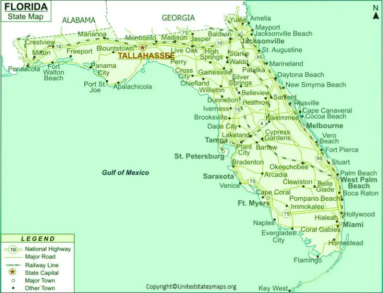 Labeled Florida Map Capital And Cities in Pdf