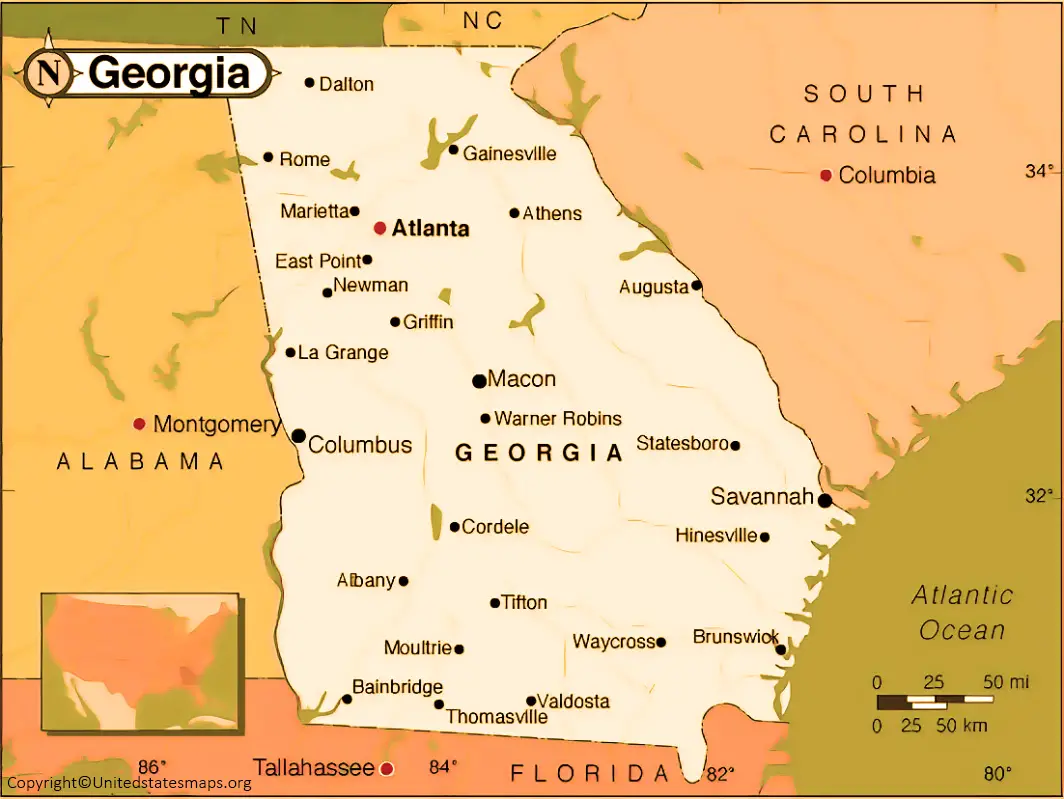 Labeled Georgia Map with Capital & Cities in Pdf