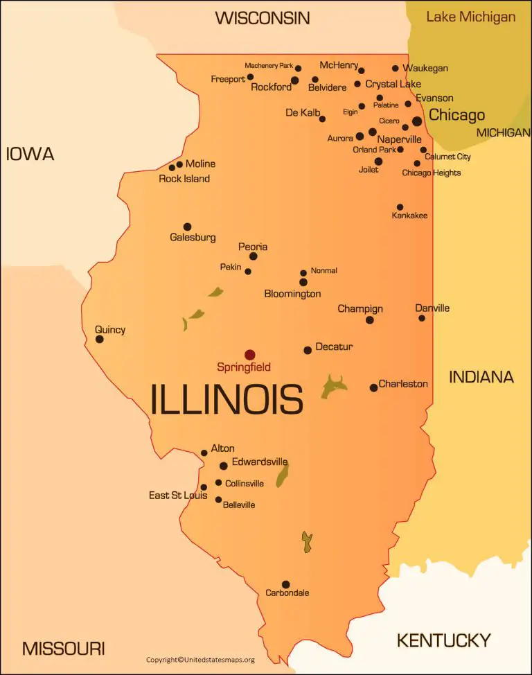 Labeled Illinois Map with Capital & Cities [Free Printable]