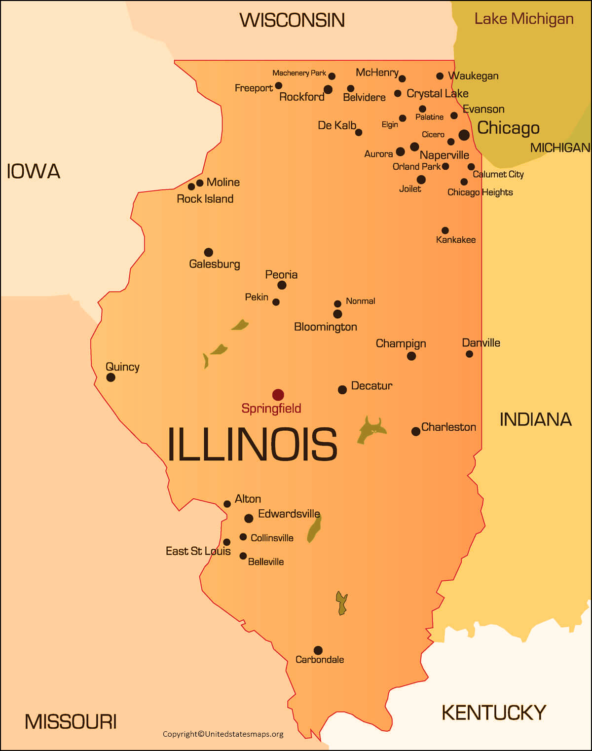 Labeled Illinois Map With Capital And Cities Free Printable 2253