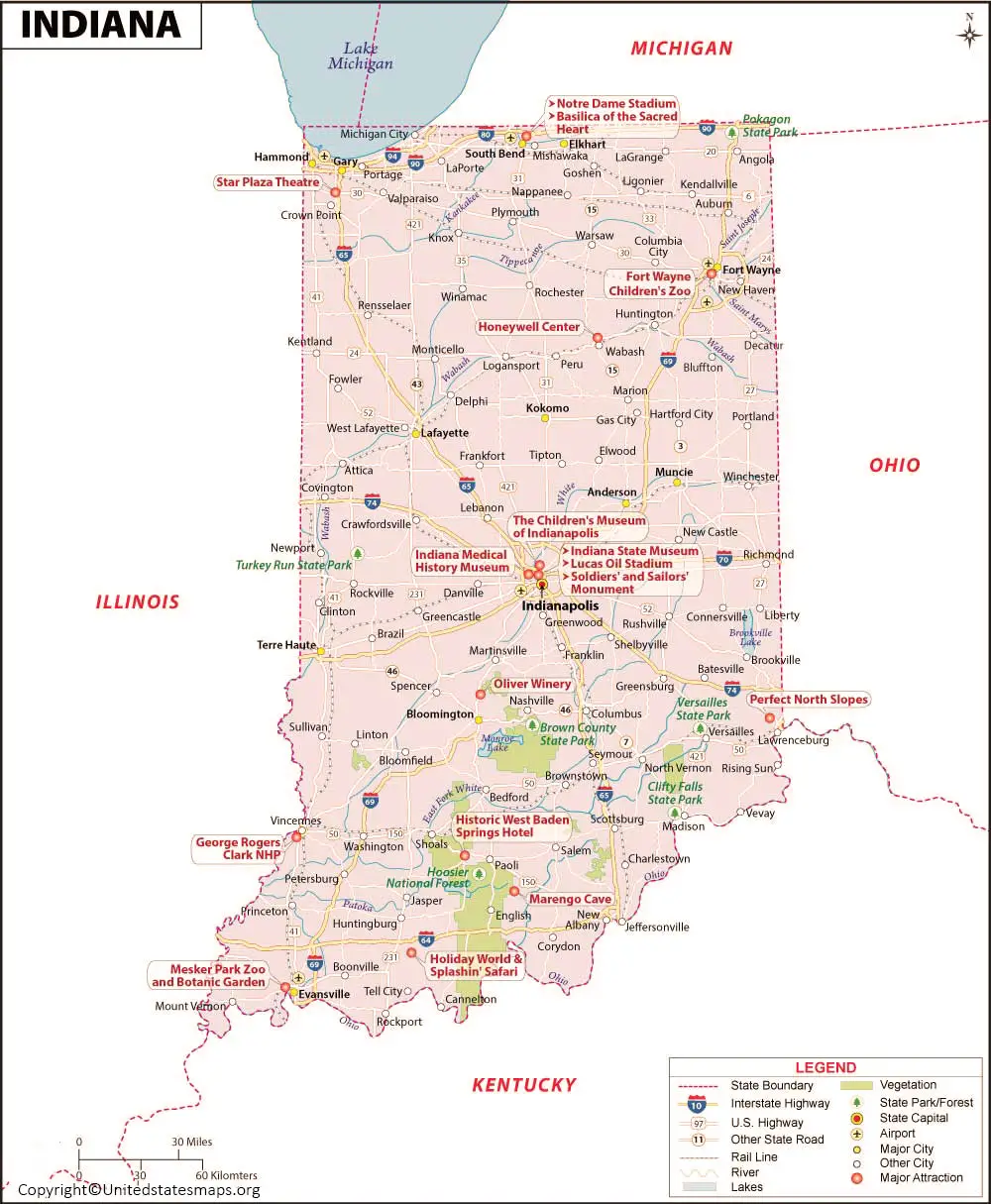 Labeled Map Of Indiana with Cities