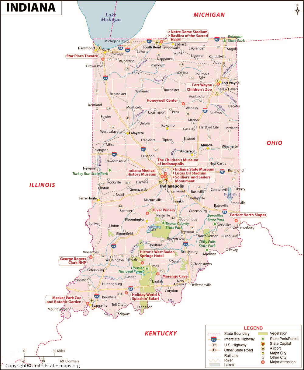 Labeled Map Of Indiana with Cities