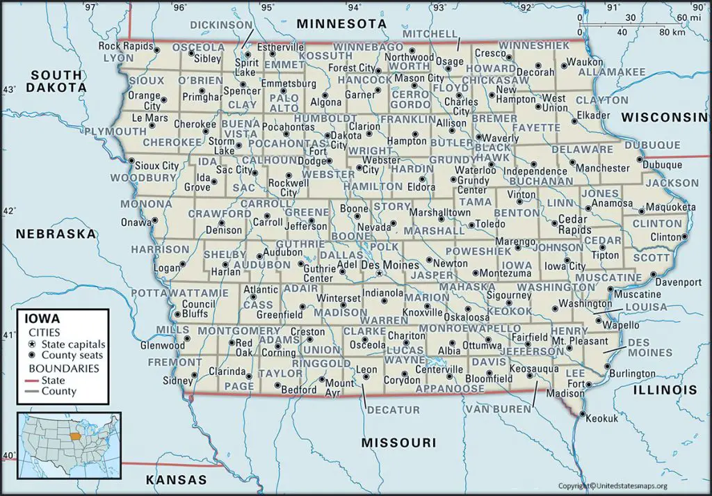 Iowa Map & Cities Labeled