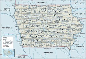 Labeled Iowa Map with Capital & Cities [Free Printable]