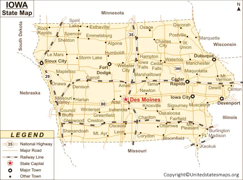 Labeled Iowa Map with Capital