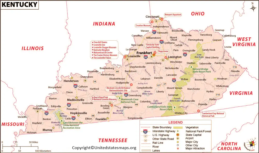 Labeled Map Of Kentucky With Cities