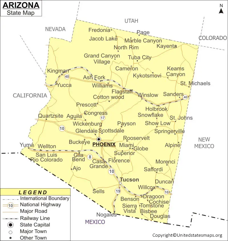 Labeled Arizona Map With Capital And Cities in Pdf