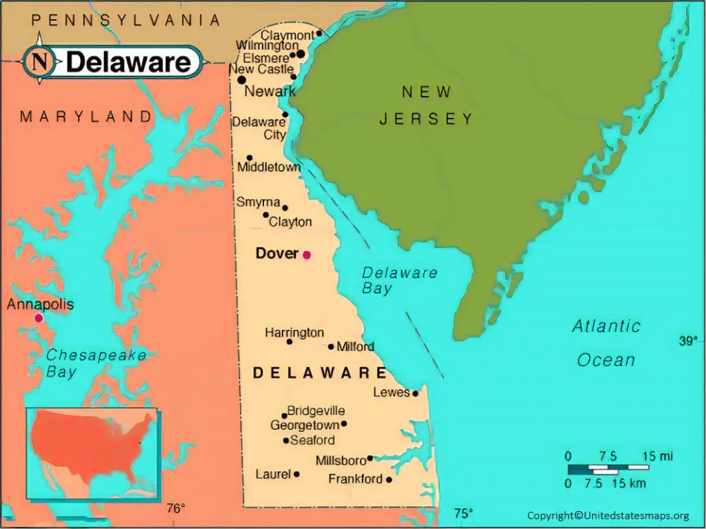 Labeled Delaware Map With Capital And Cities In Pdf