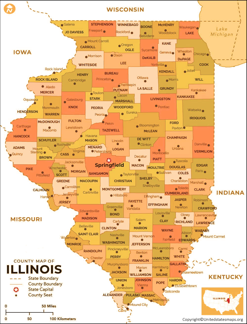 Labeled Illinois Map with Capital & Cities [Free Printable]