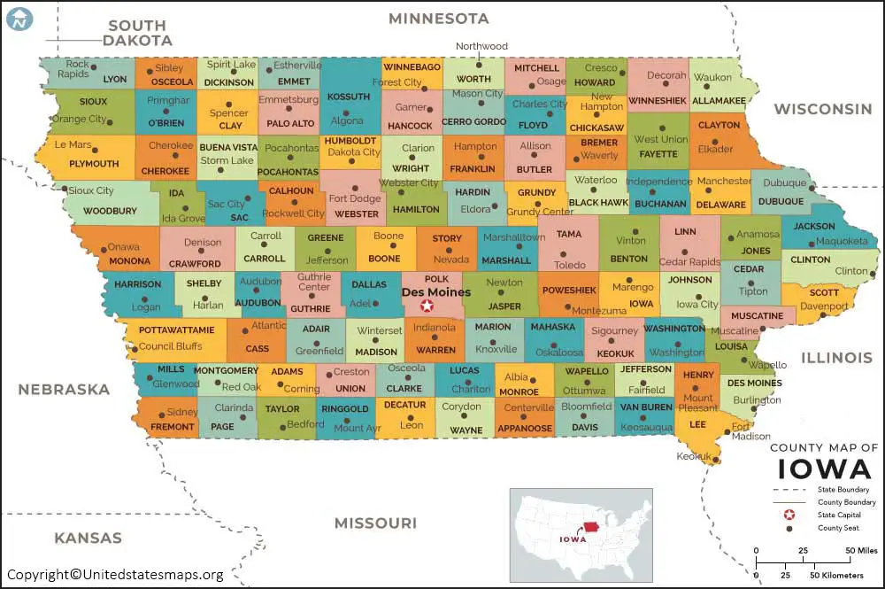 Iowa Map & Cities Labeled