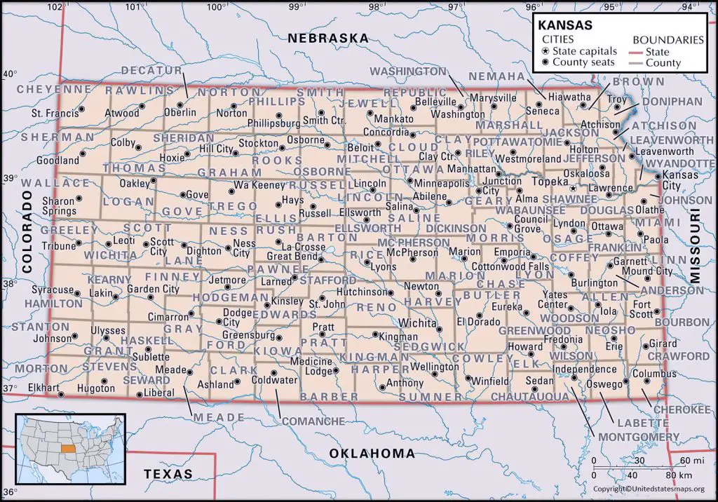 Basic Kansas Map Labeled Kansas Map With Capital & Cities In PDF.