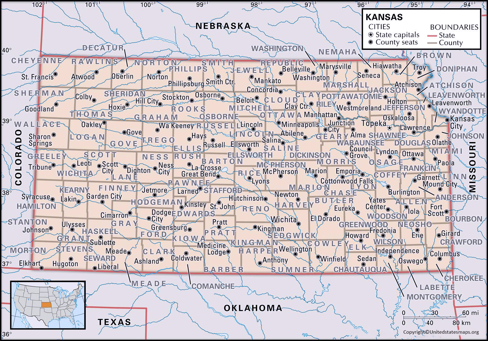 Labeled Map Of Kansas With Capital