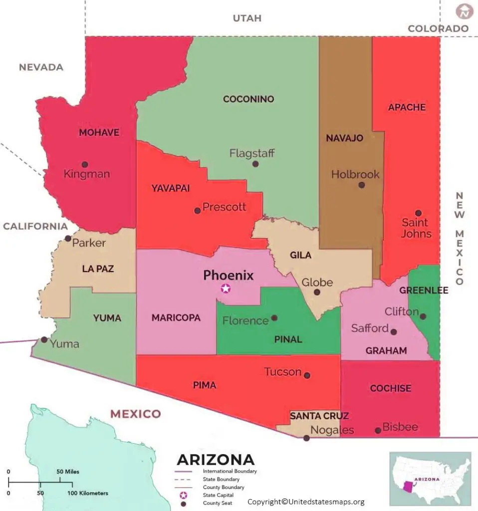 Labeled Arizona Map With Capital And Cities in Pdf