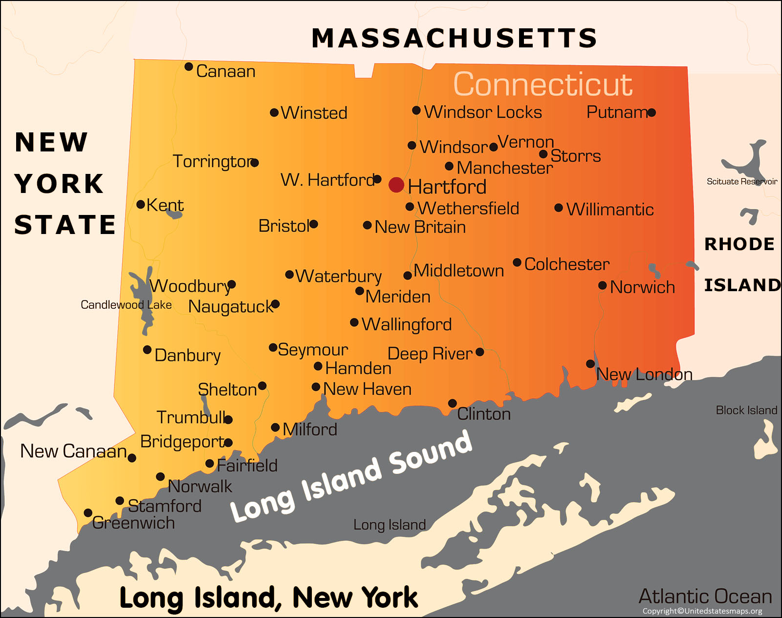 Connecticut Map with Cities Labeled