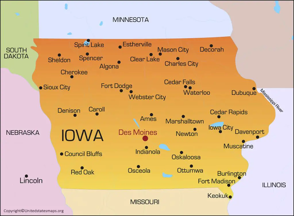 Labeled Iowa Map with Capital