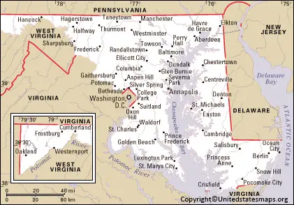 Labeled Map Of Maryland With Cities