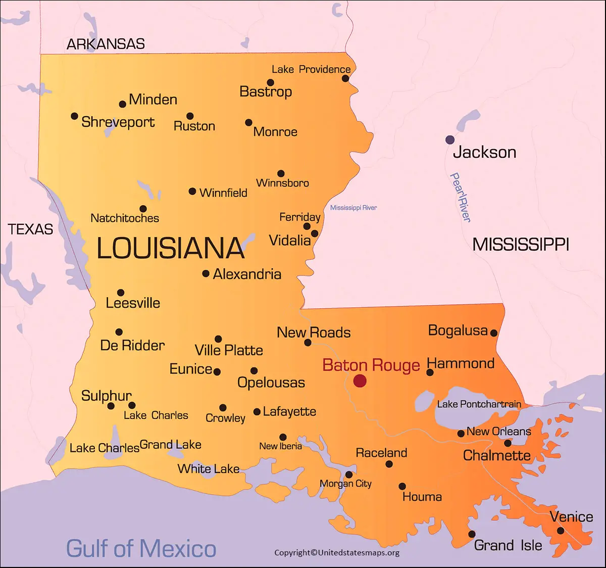 Labeled Map Of Louisiana With Capital