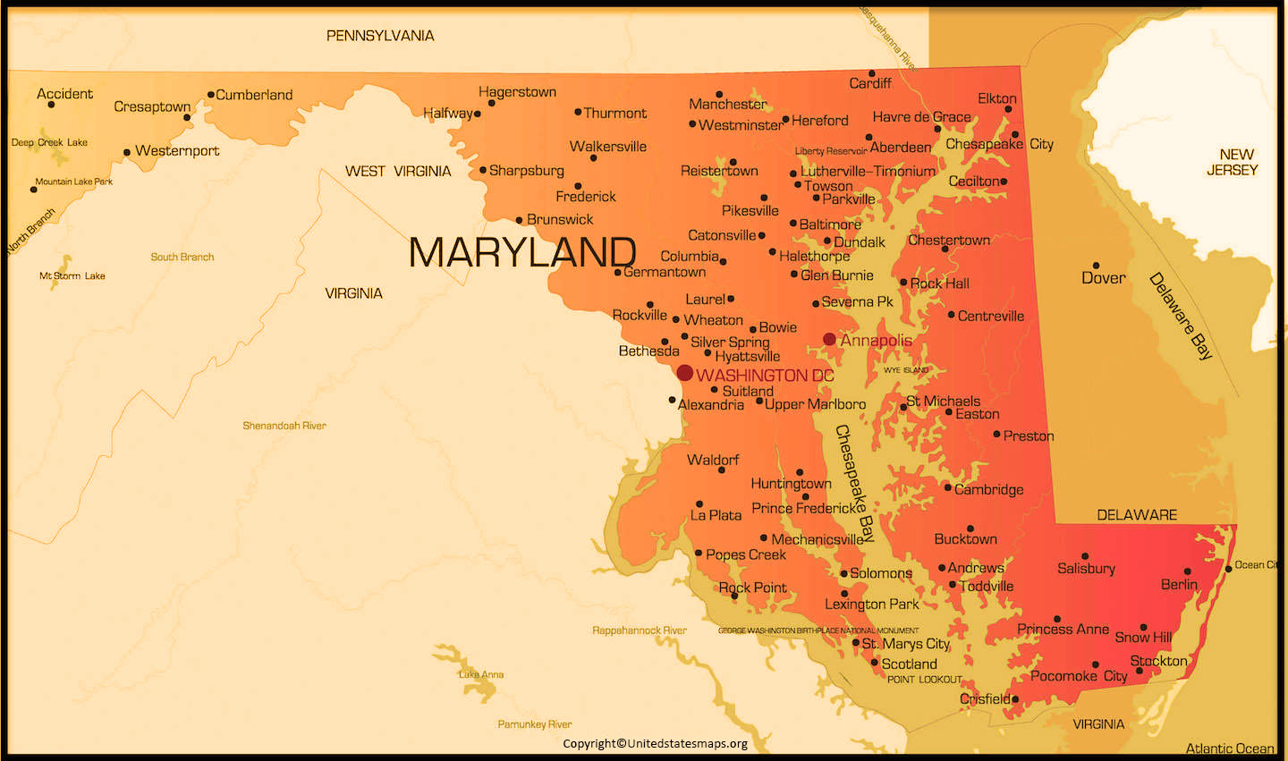 Printable Labeled Map Of Maryland