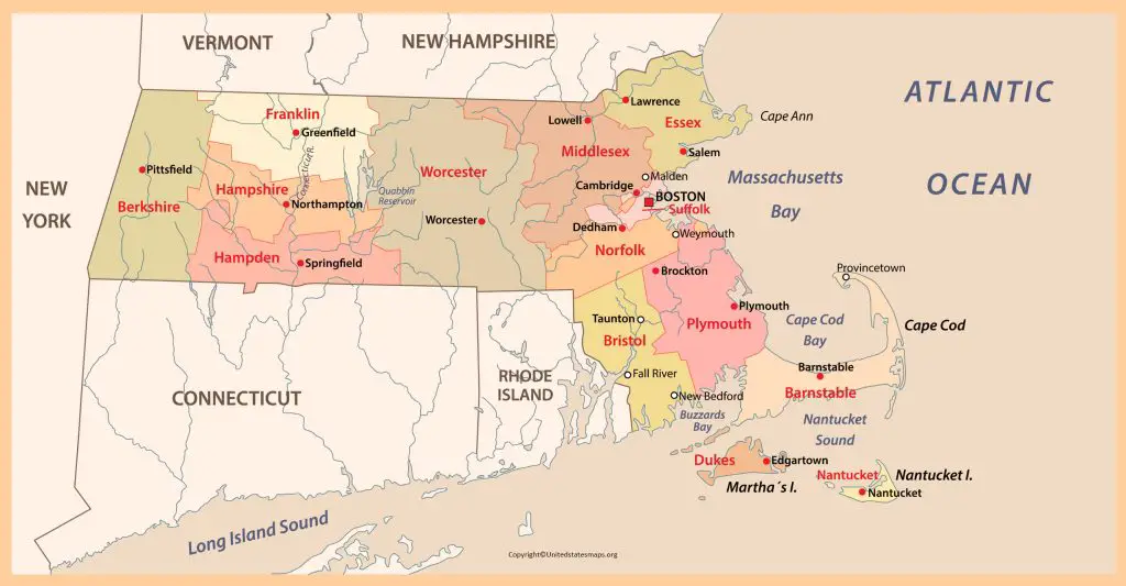 Labeled Massachusetts Map With Capital & Cities In PDF.