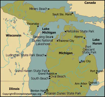 Labeled Michigan Map With Capital & Cities in PDF