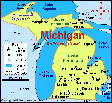 Labeled Michigan Map With Capital & Cities in PDF