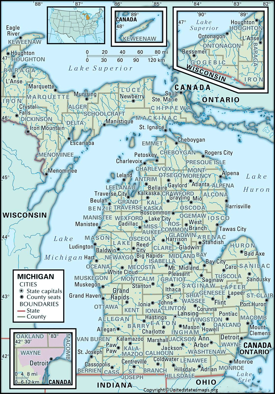 Labeled Map Of Michigan With Capital