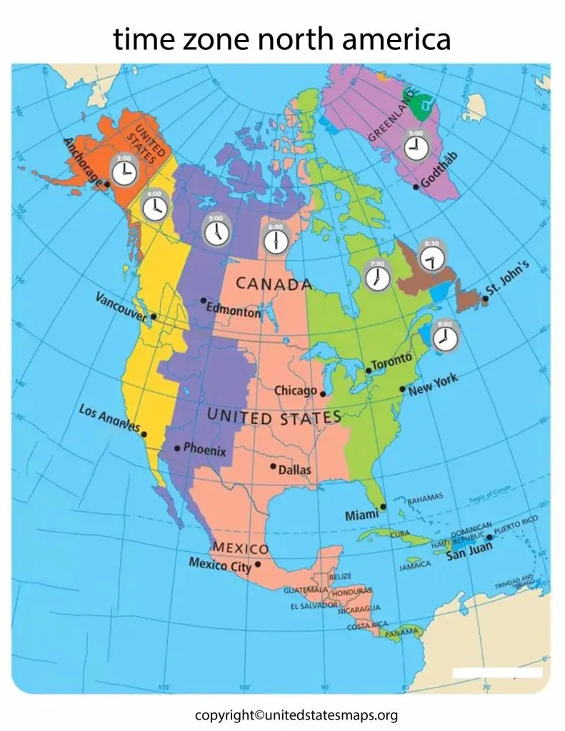 Map of North America with Time Zones