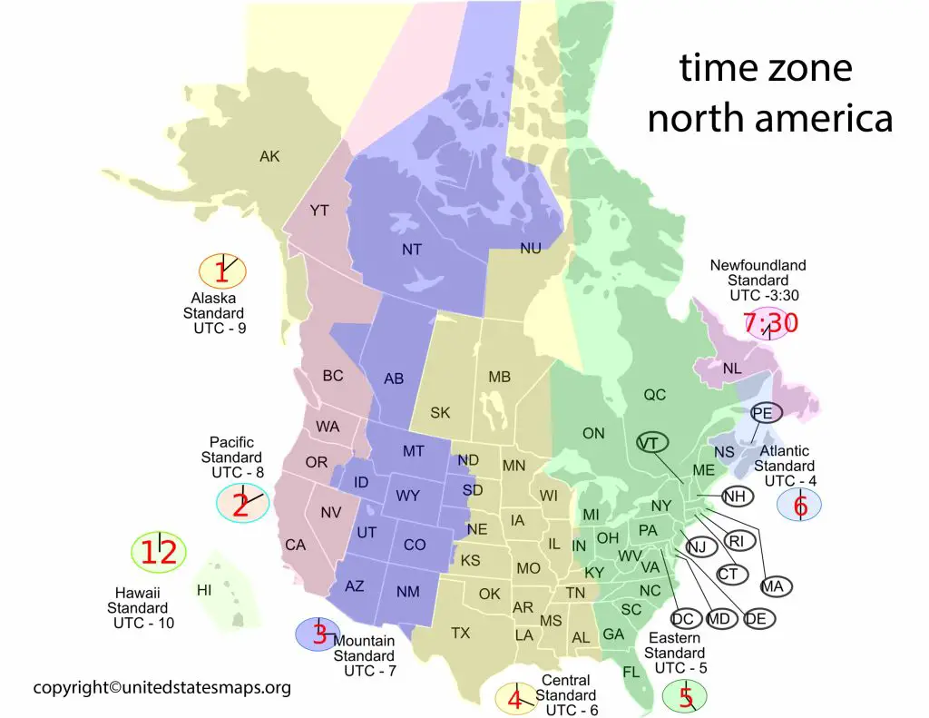 Map of Time Zones North America