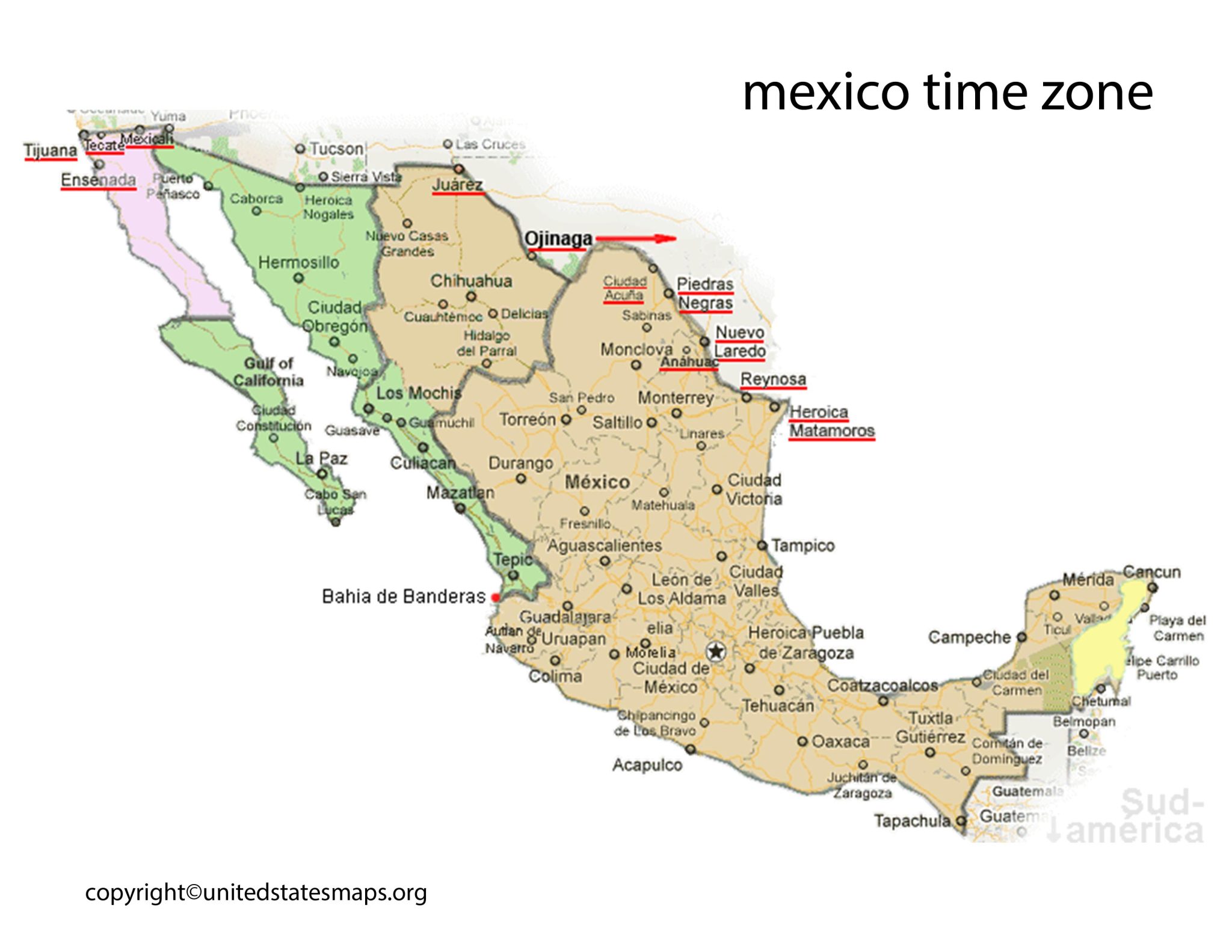 Mexico Time Zone Map Printable Map of Mexico Time Zones