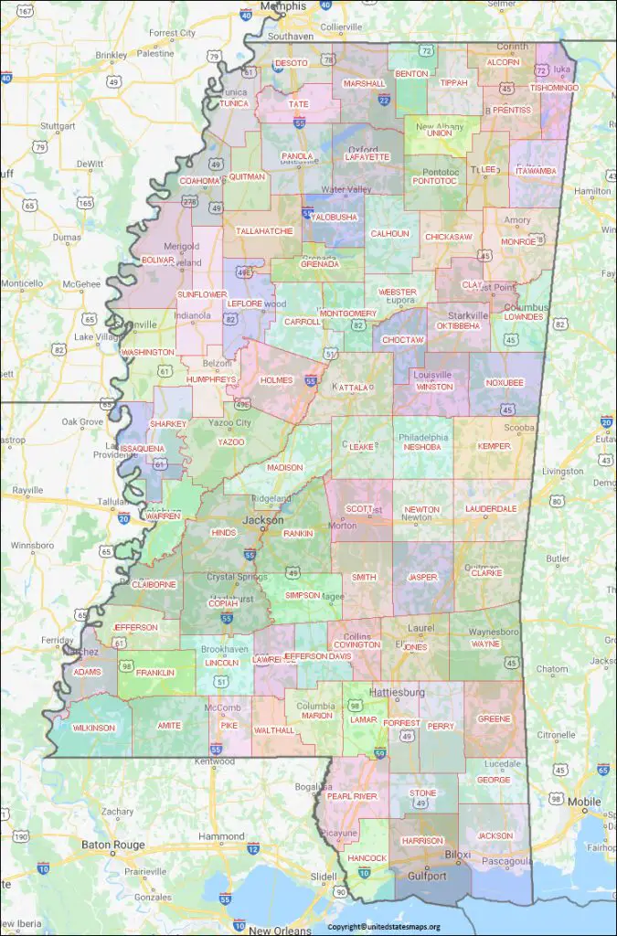 Counties in Mississippi Map