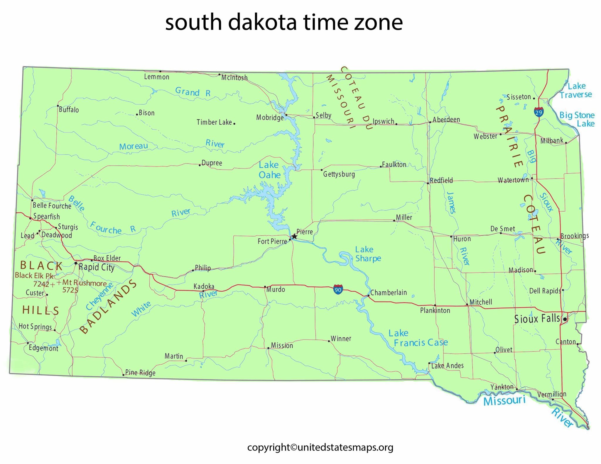 South Dakota Time Zone Map Map of South Dakota Time Zones