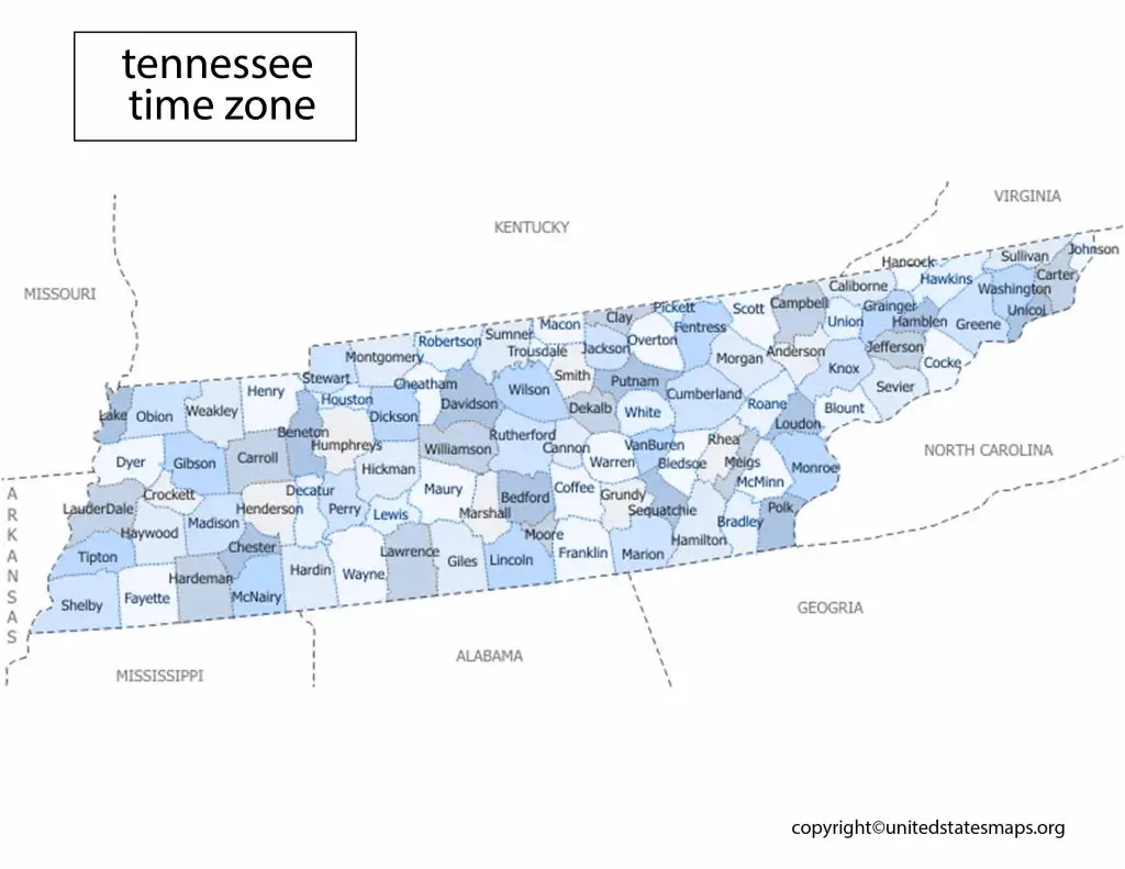 Map of Time Zones in Tennessee