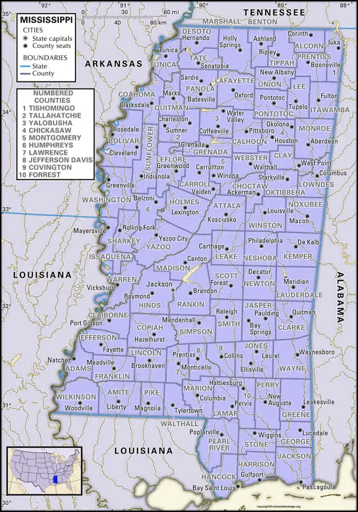 Mississippi Map with Counties and Cities
