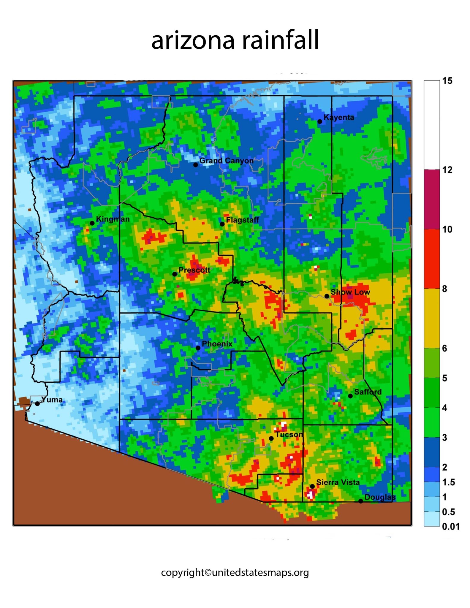 Arizona Rainfall Map | Arizona Annual Rainfall Map